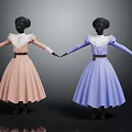 Elegant Pink Purple Vintage Dresses with White Lace Collar Belted Waist and A line Skirt