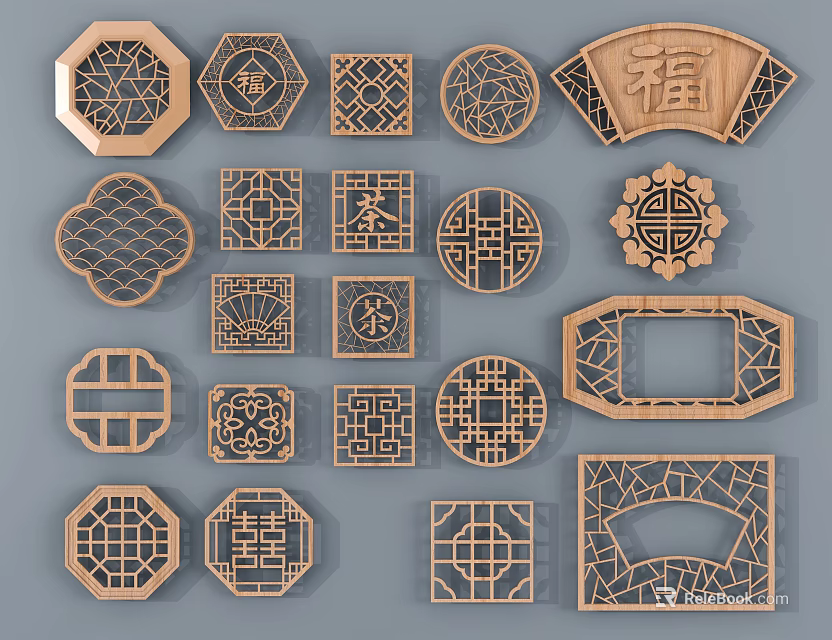 Ornate Wooden Carved Lattice Windows With Various Traditional Chinese Design Shapes 3d model 