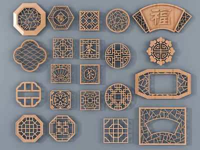 Ornate Wooden Carved Lattice Windows With Various Traditional Chinese Design Shapes 3d model