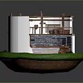 Circular Miniature Scene Model With White Walls Brown Frames Cabinets Shelves And Green Base