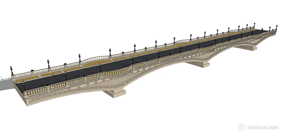 Decorative Arch Bridge With Ornate Railings And Street Lamps On Road Surface 3d model 