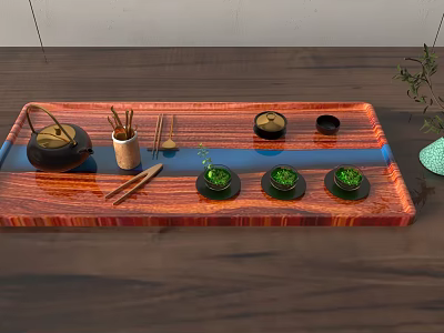 Traditional Tea Set on Wooden Tray with Teapot Cups Chopsticks and Green Bowls 3d model
