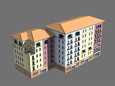 Colorful Multi Story Residential Building With Orange Roof Arched Windows And Balconies 3d model