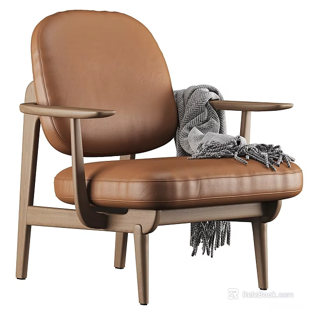 Modern Brown Leather Leisure Chair Featuring Wooden Armrests And Gray Blanket 3d model 