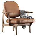 Modern Brown Leather Leisure Chair Featuring Wooden Armrests And Gray Blanket