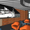 Modern Office Space With Red Brick Wall Display Counter And City Skyline Silhouette