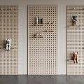 Modern Perforated Wooden Panel Wall Decor With Shelves And Figurine Displays
