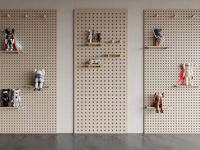 Modern Perforated Wooden Panel Wall Decor With Shelves And Figurine Displays 3d model