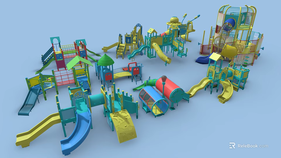 Colorful Playground Equipment for Children Including Slides Swings and Climbing Frames 3d model 