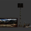 Oil Painting In Brown Frame Mountain Landscape With Floor Lamp Dark Lampshade Books And Vase