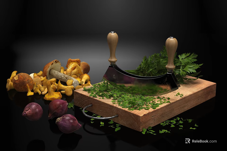 Fresh Food Ingredients Including Mushrooms Parsley Onions on Wooden Cutting Board With Sharp Knife 3d model 
