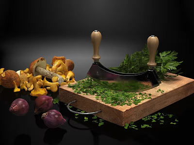 Fresh Food Ingredients Including Mushrooms Parsley Onions on Wooden Cutting Board With Sharp Knife 3d model