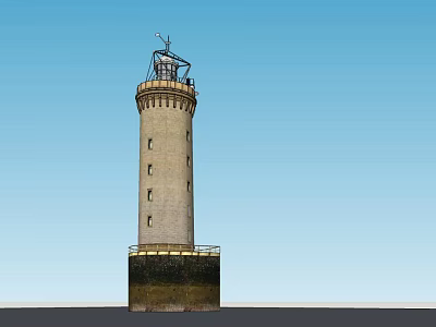 Tall Stone Lighthouse Tower With Observation Deck And Lantern Against Clear Blue Sky 3d model