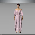 Elegant Female 3D Character Model With Pink Off Shoulder Layered Long Dress Design