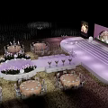 Garden Landscape With Outdoor Purple Stage Steps Tables And Decorative Vases