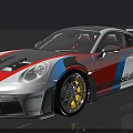 Porsche Sports Car With White Exterior Red Blue Racing Stripes Rear Spoiler And Alloy Wheels