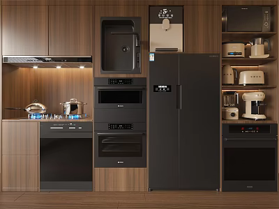 Modern Kitchen With Wooden Cabinets Black Refrigerator Oven Microwave Coffee Maker Range Hood And Appliances 3d model
