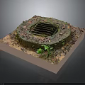 Round Grate Drainage Scene Structure With Moss Fallen Leaves Small Plants On Square Base 3d model
