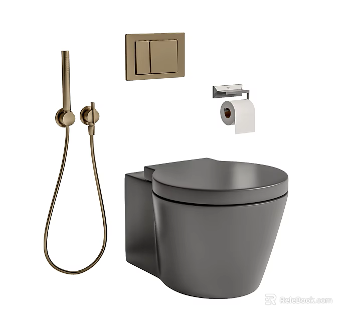 Modern Grey Toilet With Gold Shower Head Toilet Paper Holder And Switch Panel 3d model 