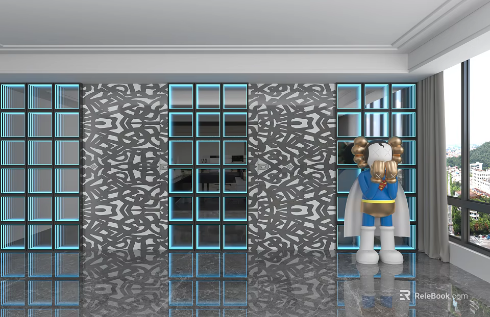 Modern Decorative Background Wall With Blue Square Panels Intricate Cutout Patterns And Cartoon Figure 3d model 