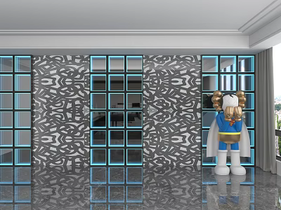 Modern Decorative Background Wall With Blue Square Panels Intricate Cutout Patterns And Cartoon Figure 3d model