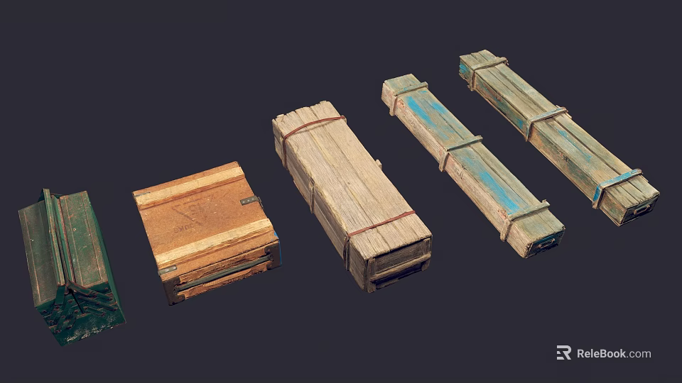 Rustic Wooden Storage Boxes With Colored Strips And Rope Bindings 3d model