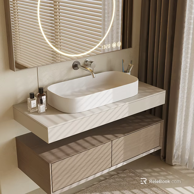 Modern Bathroom Vanity Sink With Sleek Faucet Round Mirror And Wooden Countertop Storage 3d model 
