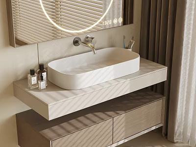 Modern Bathroom Vanity Sink With Sleek Faucet Round Mirror And Wooden Countertop Storage 3d model