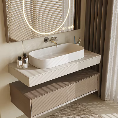 Modern Bathroom Vanity Sink With Sleek Faucet Round Mirror And Wooden Countertop Storage 3d model