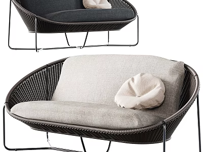Woven Rattan Leisure Chair With Metal Frame Dark And Light Gray Cushions Decorative Pillow 3d model