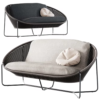 Woven Rattan Leisure Chair With Metal Frame Dark And Light Gray Cushions Decorative Pillow 3d model