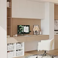 Modern Home Office Interior With Wooden Desk Computer Monitor Flowers And White Chair
