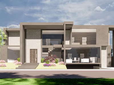 Modern Detached Villa Exterior With Two Story Structure Large Glass Windows Terrace And Garden Greenery 3d model