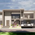 Modern Detached Villa Exterior With Two Story Structure Large Glass Windows Terrace And Garden Greenery