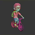 Game Movie Character with Red Hair Glasses Pink Striped Shirt Blue Shorts Riding Pink Bicycle