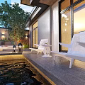 Outdoor Modern Dining Table With White Lounge Chairs Wooden Deck And Poolside Lighting