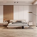 Modern Double Bed In Neutral Tones With Wooden Accent Wall Nightstands Pillows And Herringbone Floor
