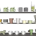 Various Decorative Ceramic Mugs And Coffee Maker On White Shelf 3d model