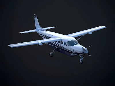 Small White And Dark Blue Passenger Plane Flying With Propeller And Landing Gear 3d model