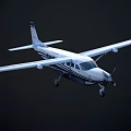 Small White And Dark Blue Passenger Plane Flying With Propeller And Landing Gear