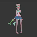 3D Female Game Character With White Long Hair Red Headpiece Blue Skirt And Bell Weapon