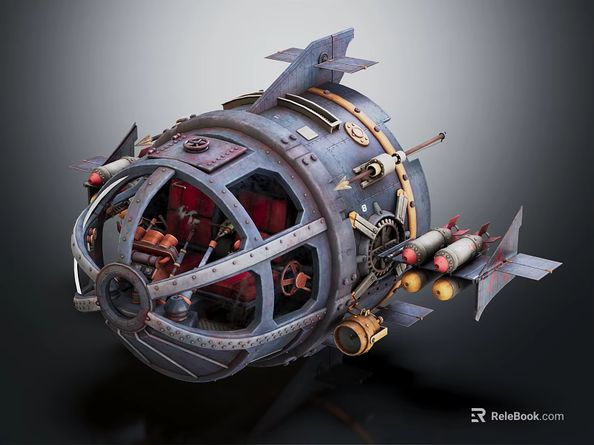 Steampunk Mechanical Sphere With Metal Structure Gears Pipes Red Interior And Thruster Wings 3d model 