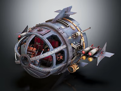 Steampunk Mechanical Sphere With Metal Structure Gears Pipes Red Interior And Thruster Wings 3d model