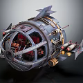 Steampunk Mechanical Sphere With Metal Structure Gears Pipes Red Interior And Thruster Wings