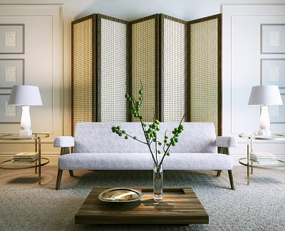 Gray Sectional Sofa Living Room With Wooden Coffee Table Green Plant And White Shade Table Lamps 3d model