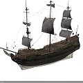 Vintage Wooden Sailing Ship With Multiple White Sails And Carved Hull Details