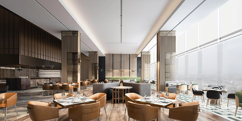 Modern Restaurant Interior Design With Wooden Elements Leather Chairs And Large Windows 3d model 