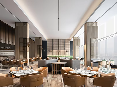 Modern Restaurant Interior Design With Wooden Elements Leather Chairs And Large Windows 3d model