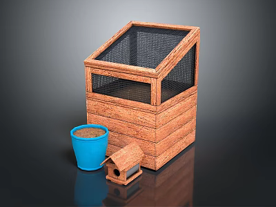 Small Animals Habitat With Wooden Cage Mesh Windows Blue Flower Pot And Small Wooden House 3d model