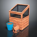 Small Animals Habitat With Wooden Cage Mesh Windows Blue Flower Pot And Small Wooden House